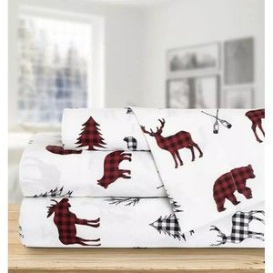 New Twin Sheet Set, Buffalo Check, Wildlife Red White, Holiday, Christmas 3 PC